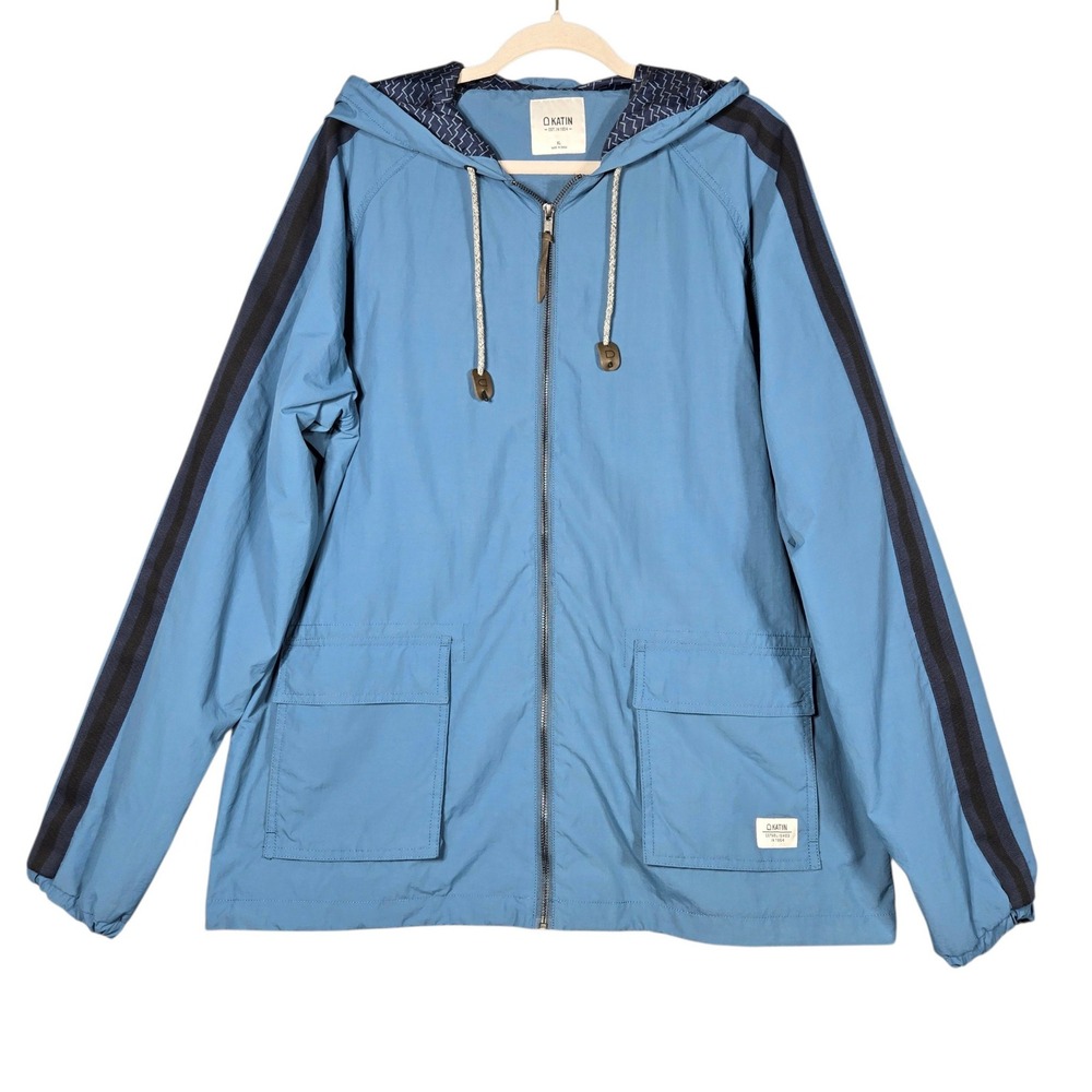 Katin Windbreaker Jacket Mens XL Blue Nylon Hooded Full Zip Striped Surf